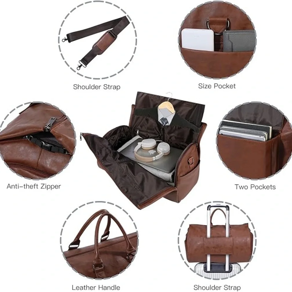 Elegant Brown Leather Garment Duffel Bag for Men - Picture 4 of 5